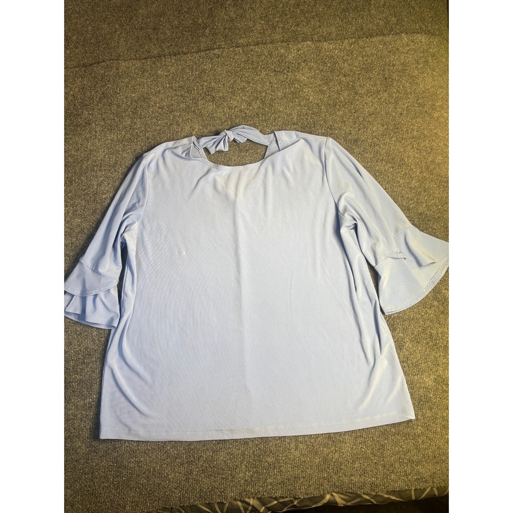 Clara Sun Woo Tunic Top Women's Large Blue Stretch Ruffle Sleeve Tie Back V-Neck